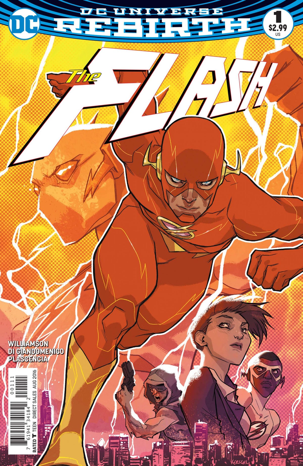 Comic book cover featuring The Flash with a cityscape background