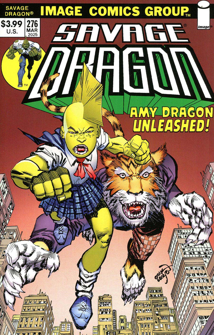 Savage Dragon #276 comic book cover published by Image Comics Group, featuring a yellow-skinned character in a schoolgirl outfit riding a tiger-like creature over a cityscape, with the headline 'Amy Dragon Unleashed'.