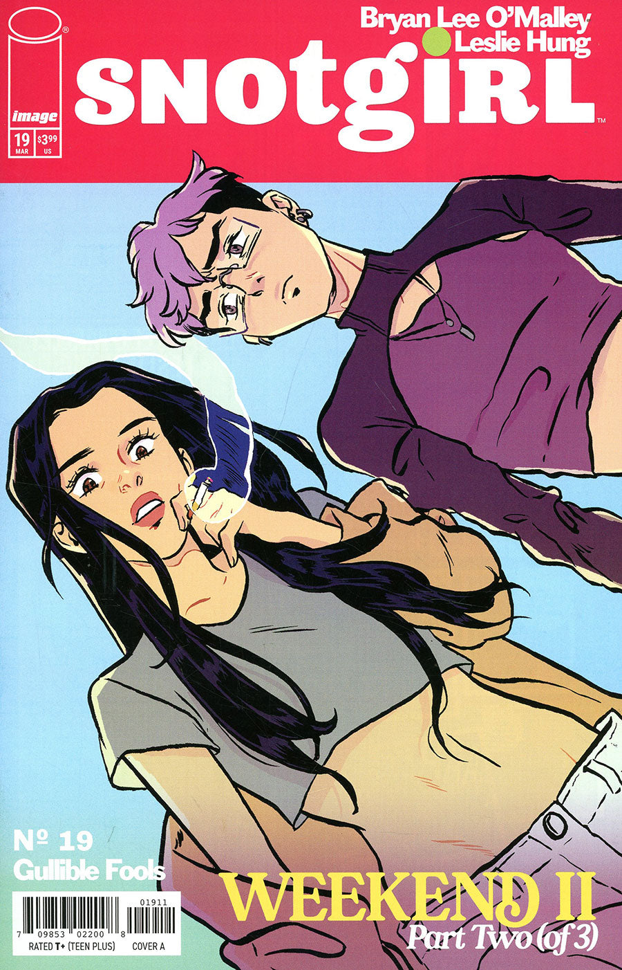 Comic book cover for Snotgirl Issue 19, featuring illustrated characters in a dynamic pose against a light blue background with a red title banner at the top.