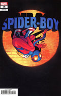 Comic book cover featuring 'Spider-Boy' with a superhero in mid-air against a brick wall.