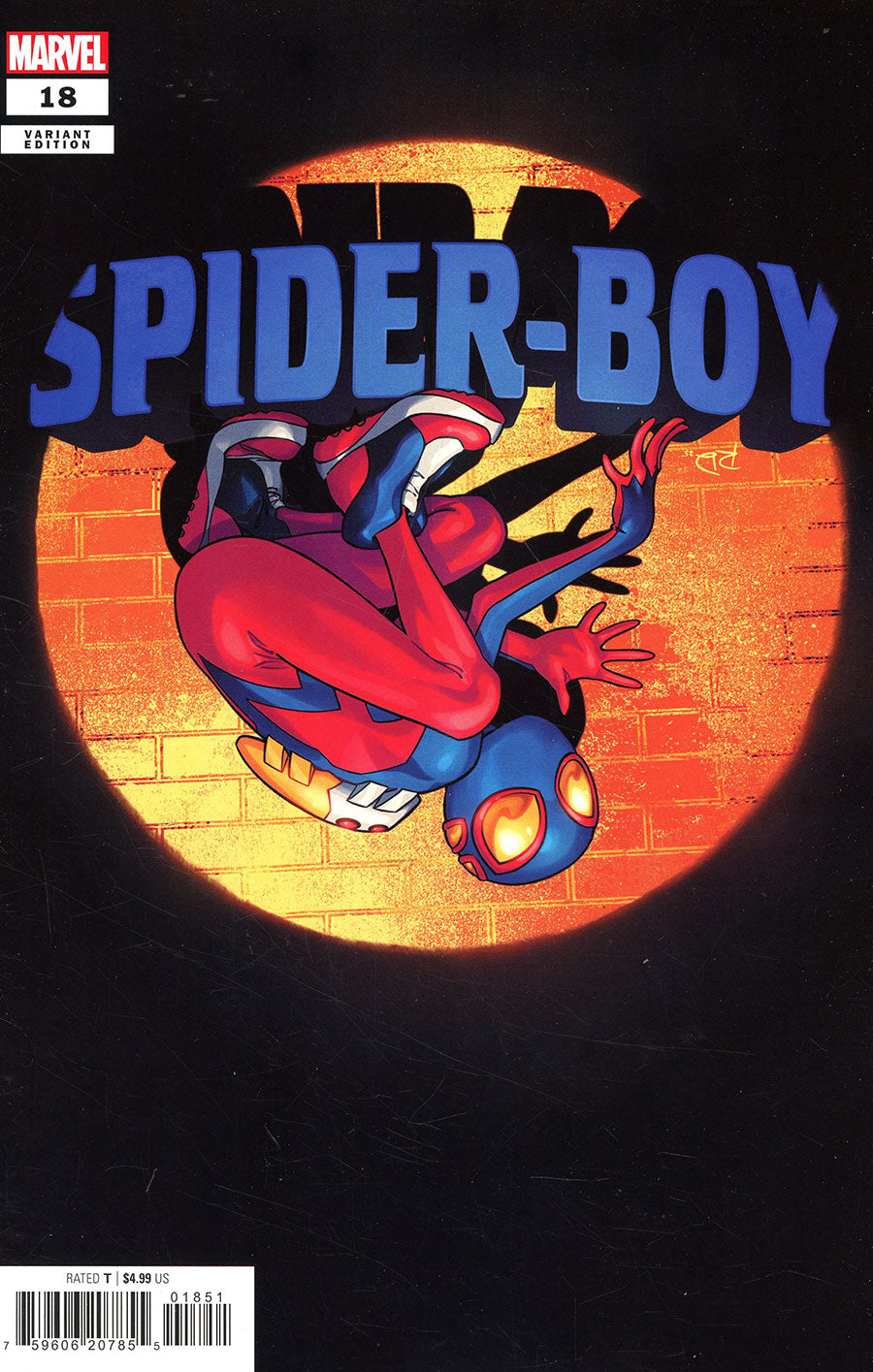 Comic book cover featuring 'Spider-Boy' with a superhero in mid-air against a brick wall.