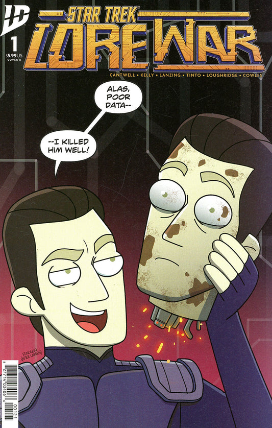 Comic book cover of 'Star Trek: Lore & War' with two characters and text bubbles.