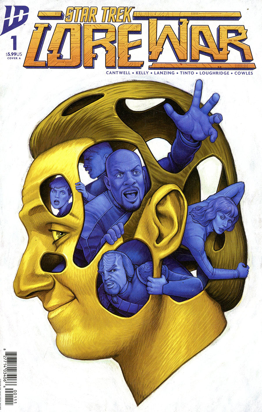 Comic book cover of 'Star Trek: Lore War' with a stylized face and blue figures inside.