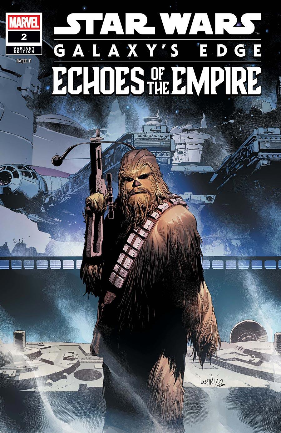 Comic book cover featuring a character holding a weapon with space ships in the background, titled 'Star Wars: Galaxy's Edge - Echoes of the Empire'.