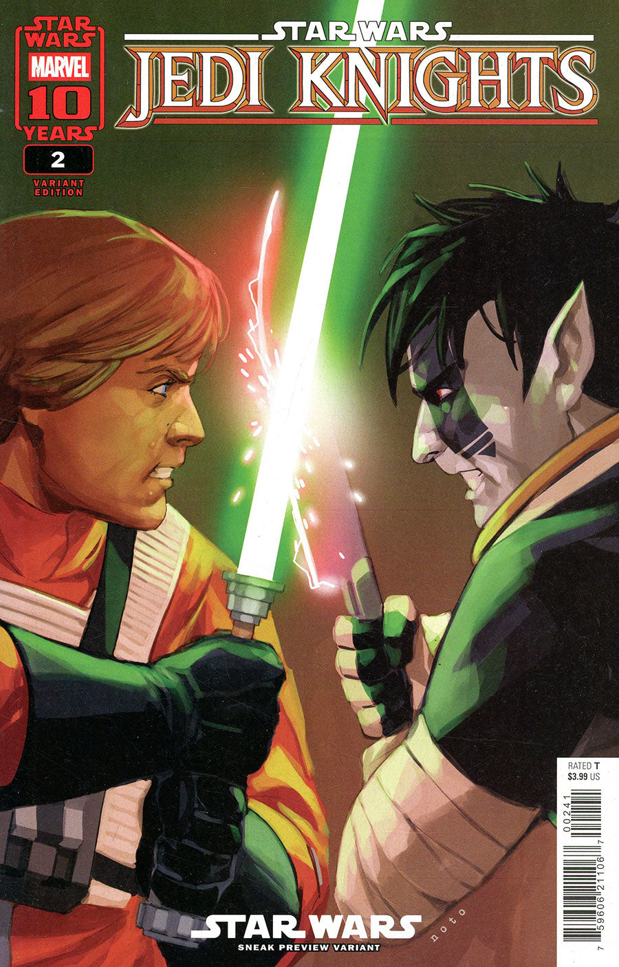 Comic book cover featuring two characters with lightsabers from 'Star Wars Jedi Knights'.