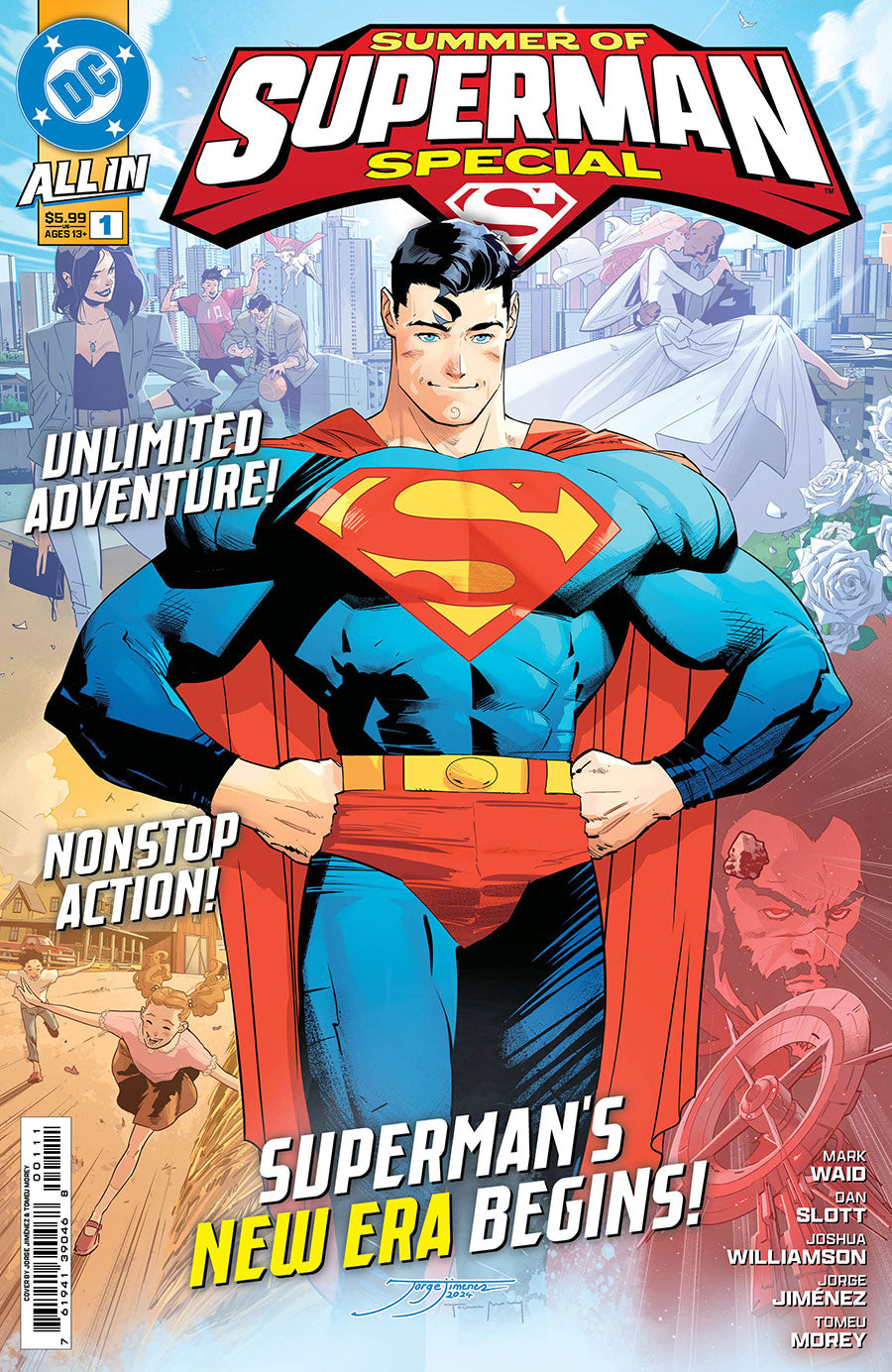 Superman comic book cover with cityscape background