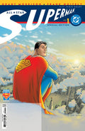 Comic book cover of 'All-Star Superman' with Superman in the clouds.