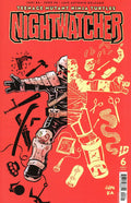Comic book cover of 'Nighwatcher' featuring a character in action poses with tools on a red background.