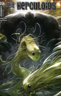 Comic book cover for The Herculoids #2, featuring a dark, muscular creature looming behind translucent green alien fish in a dramatic fantasy scene.