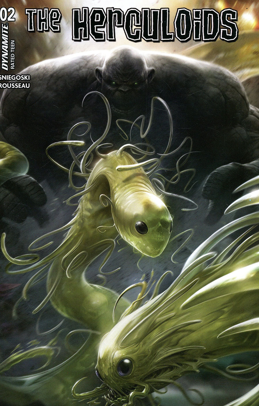 Comic book cover for The Herculoids #2, featuring a dark, muscular creature looming behind translucent green alien fish in a dramatic fantasy scene.