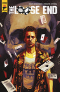 Comic book cover for 'The Loose End' featuring a stylized portrait of a man in a floral jacket, surrounded by floating playing cards, with a large skull behind him. The Hard Case Crime logo appears in the top-left corner.
