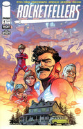 Comic book cover for Rocketfellers Issue 4, featuring illustrated superhero characters in a dramatic orange and purple sky above a house and van. Visible brands include Image, Marvel, and Super Heroics.
