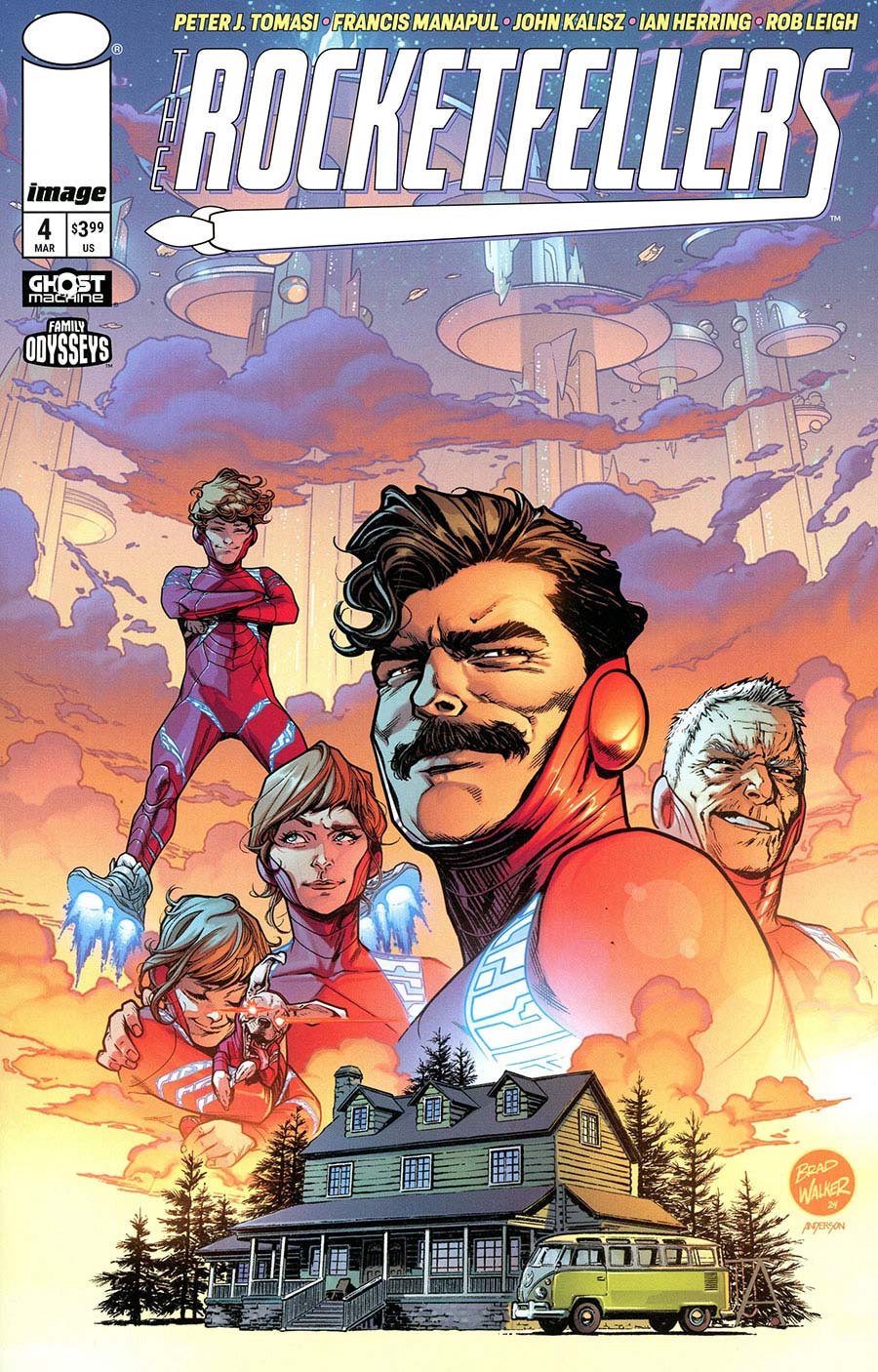 Comic book cover for Rocketfellers Issue 4, featuring illustrated superhero characters in a dramatic orange and purple sky above a house and van. Visible brands include Image, Marvel, and Super Heroics.
