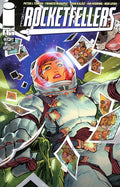 Comic book cover for The Rocketfellers Issue 4, published by Image Comics. The cover art features a central astronaut with red hair floating amidst shattered photo frames and a cosmic background.