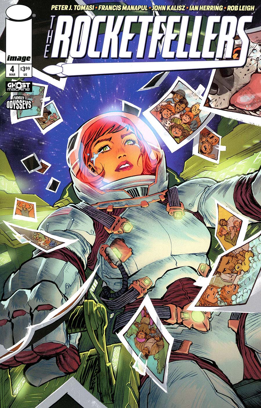 Comic book cover for The Rocketfellers Issue 4, published by Image Comics. The cover art features a central astronaut with red hair floating amidst shattered photo frames and a cosmic background.