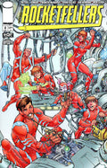 Comic book cover for Rocketfellers issue 4, featuring multiple characters in red space suits floating inside a metallic spaceship interior. The title 'ROCKETFELLERS' appears in large yellow letters at the top, with the Image and Ghost World logos visible on the left.