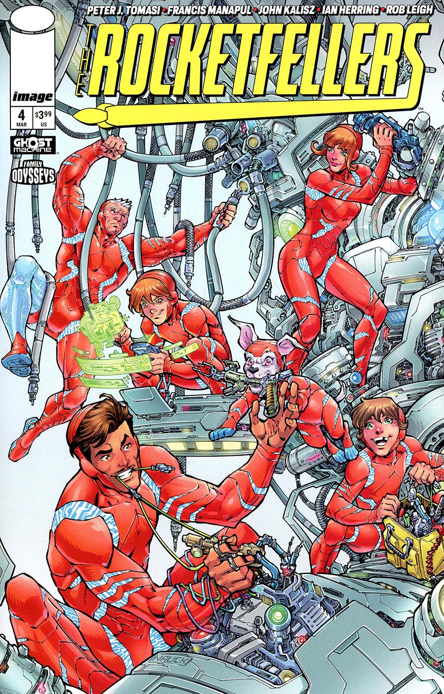 Comic book cover for Rocketfellers issue 4, featuring multiple characters in red space suits floating inside a metallic spaceship interior. The title 'ROCKETFELLERS' appears in large yellow letters at the top, with the Image and Ghost World logos visible on the left.