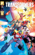 Comic book cover featuring Transformers robots in action