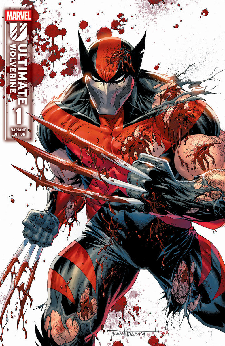 Comic book cover featuring a bloodied superhero in a red and black costume with a Marvel logo.