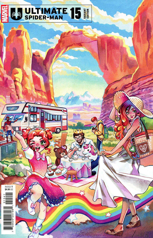 Comic book cover featuring a colorful scene with characters near a rainbow and desert landscape.