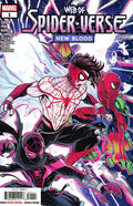 Comic book cover featuring Spider-Man and Spider-Woman with 'Web of Spider-Verse New Blood' title.