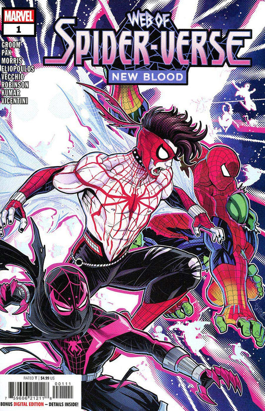 Comic book cover featuring Spider-Man and Spider-Woman with 'Web of Spider-Verse New Blood' title.