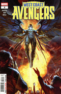 Comic book cover of West Coast Avengers with a superhero in the center.