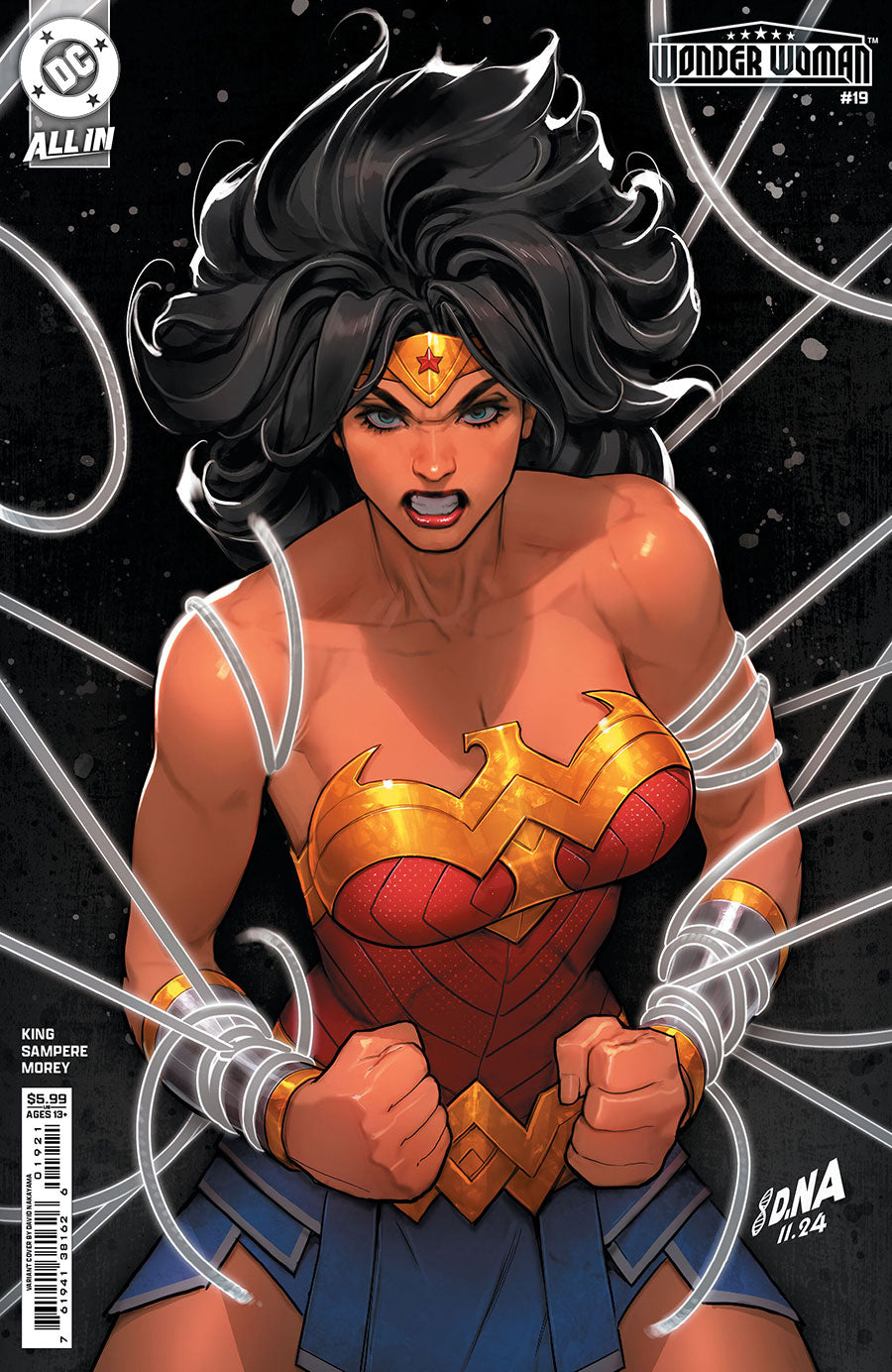 Comic book cover featuring Wonder Woman with a black background and superhero emblem.