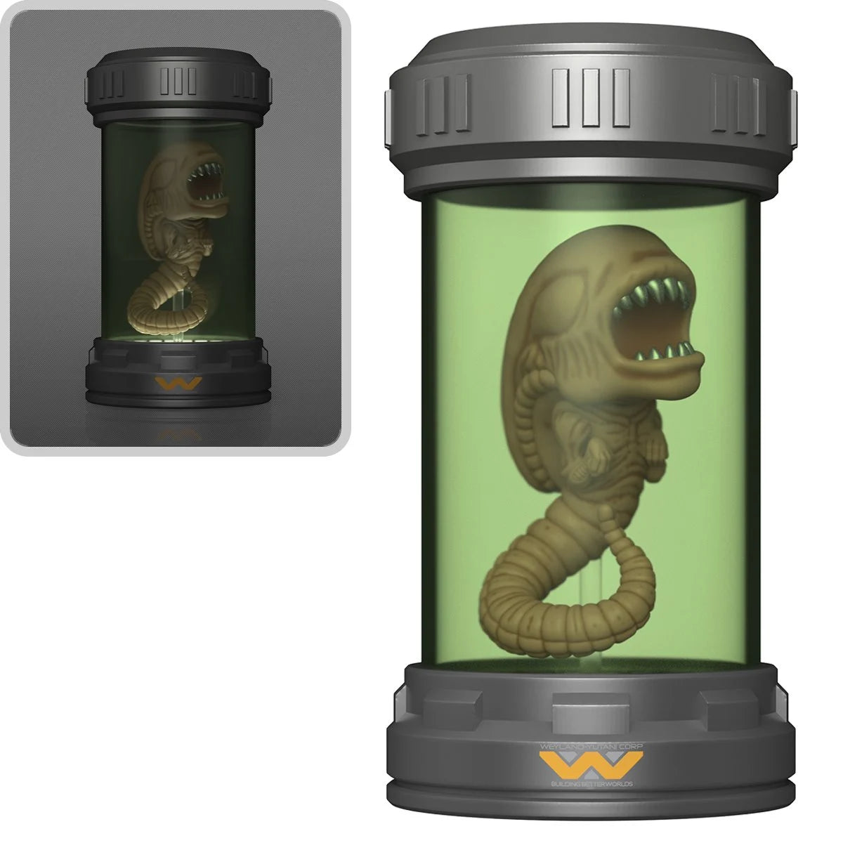 Alien head figure in a transparent container with green liquid, featuring the Worland Worldwide logo.