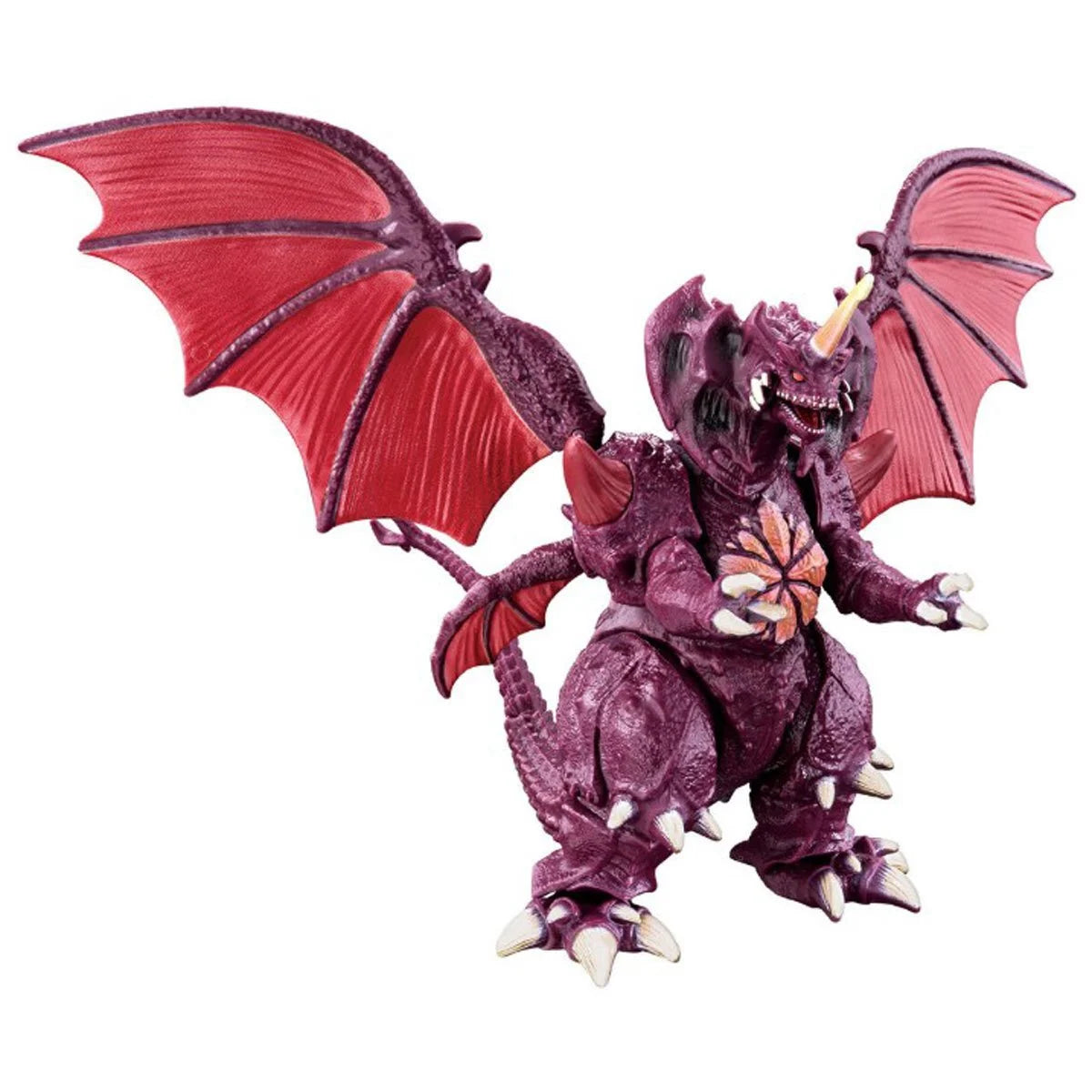 Purple dragon-like creature with red wings on a white background