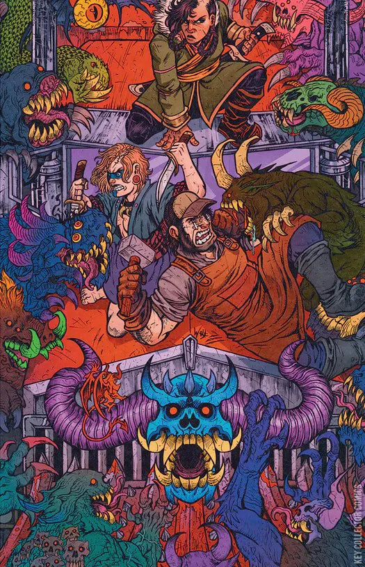 Colorful illustration of a group of people in a fantasy setting with creatures and architecture.