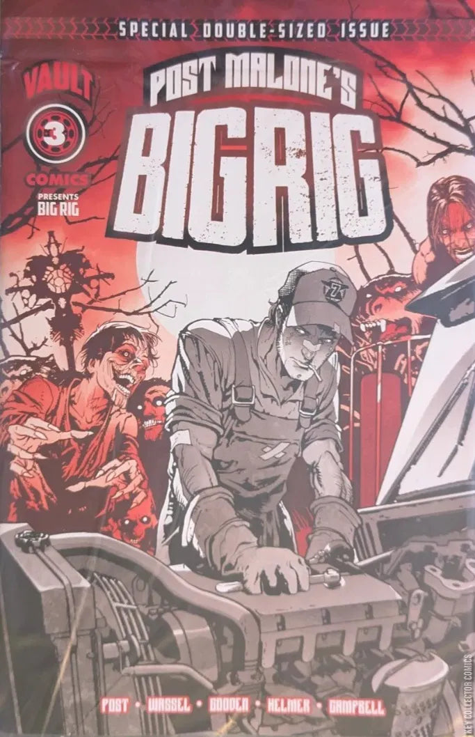 Comic book cover featuring a character working on a vehicle with a red and black color scheme.