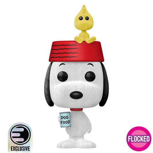 Flocked Snoopy figurine with yellow bird on red hat, holding 'Dog Food' sign, on white background.