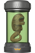 A collectible Alien Xenomorph figurine inside a clear glass-like specimen jar with a dark gray lid and base, set against a plain white background.