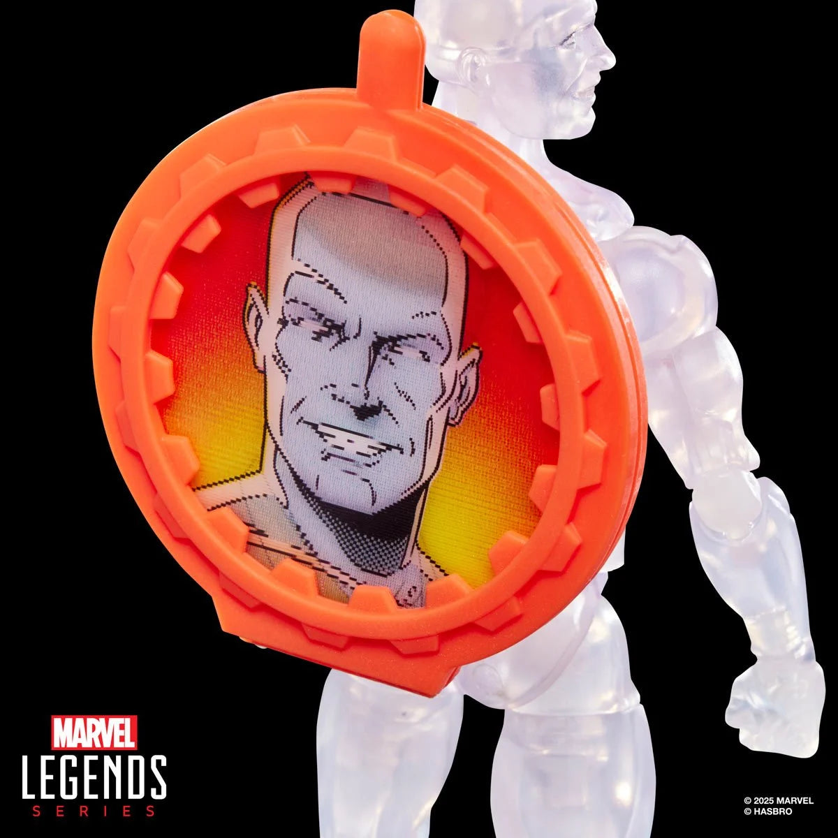 Marvel Legends action figure with a close-up portrait of a character on an orange disc.