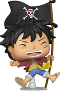 Pirate-themed figurine with a black flag featuring a skull and crossbones on a white background