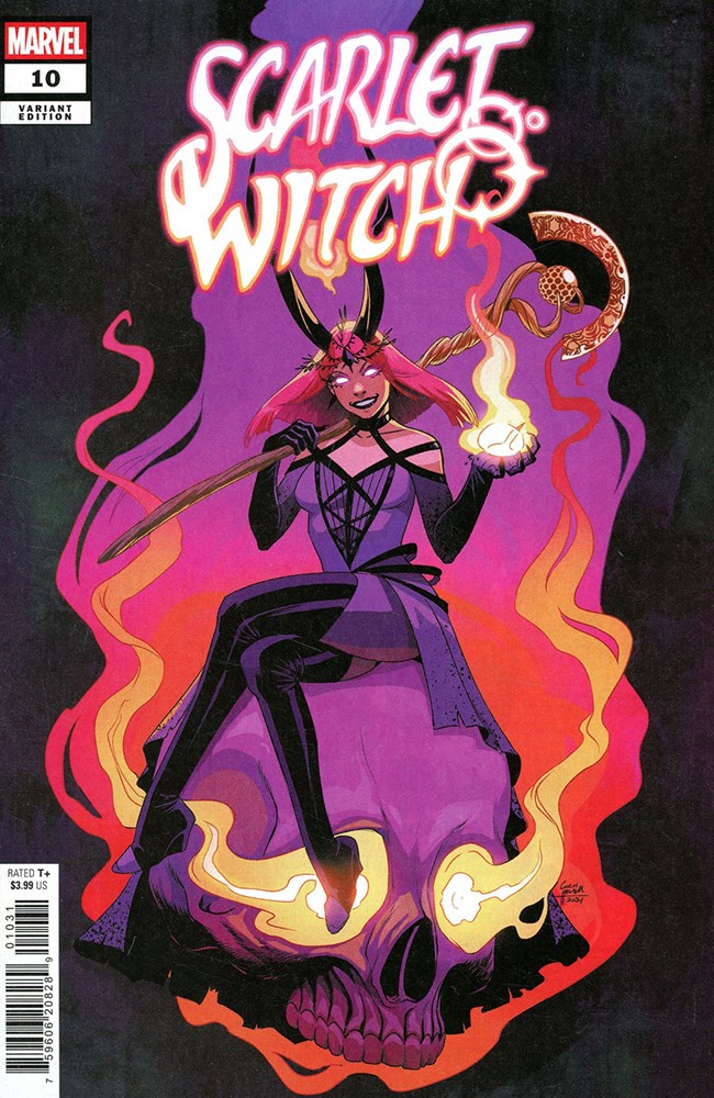 Comic book cover of Scarlet Witch with vibrant colors and dynamic pose.