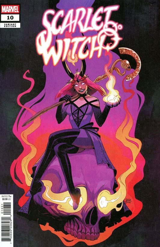 Comic book cover of Scarlet Witch with vibrant colors and dynamic pose.