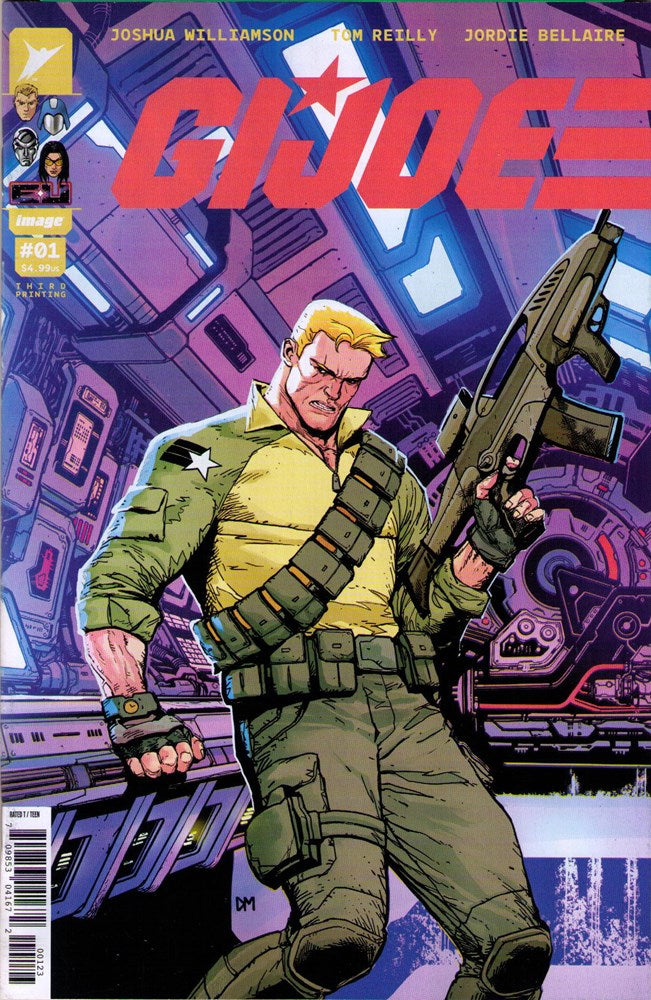 Comic book cover featuring a character holding a weapon with a futuristic background