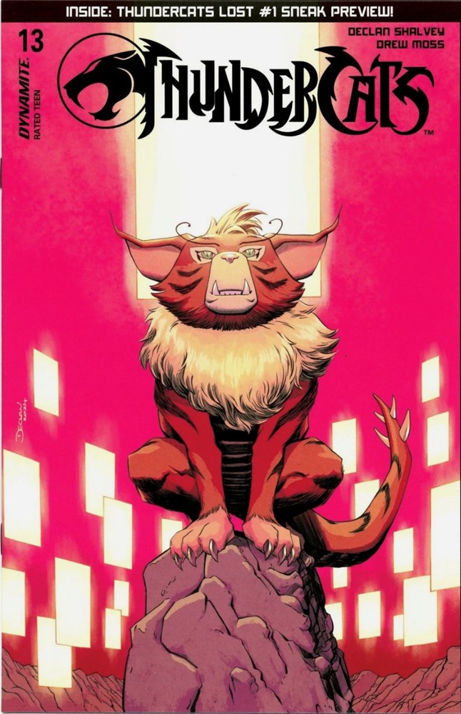 Comic book cover of Thundercats with a character on a pink background
