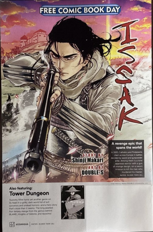 Comic book cover featuring a character with a weapon, titled 'Izak', on Free Comic Book Day.