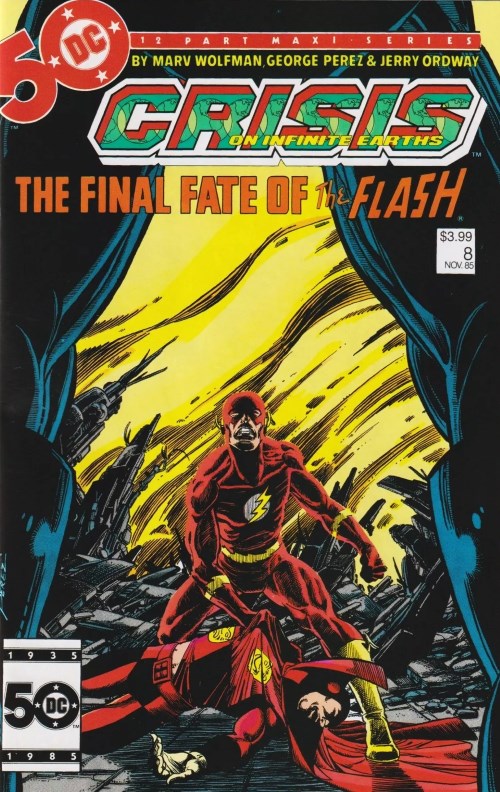 Comic book cover featuring a superhero in a red costume with a yellow background