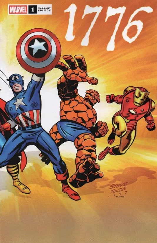 Comic book cover featuring Captain America, The Thing, and Iron Man with '1776' text and Marvel logo.