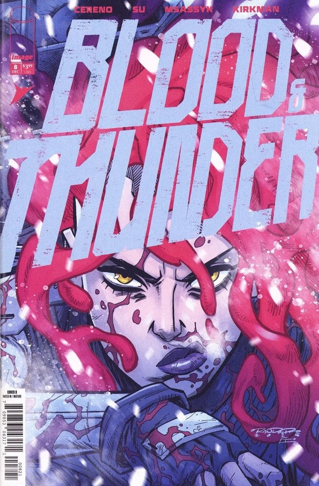 Comic book cover titled 'Blood & Thunder' with a character's face and red hair.