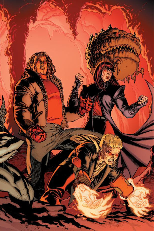Comic book style illustration of a dragon and three characters in a fantasy setting.