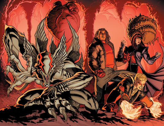 Comic book style illustration of a dragon and three characters in a fantasy setting.