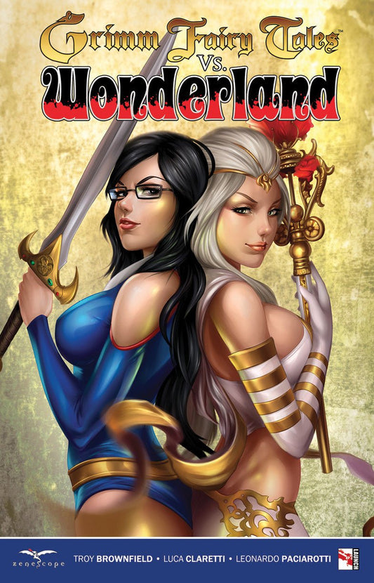 Cover of 'Grimm Fairy Tales vs Wonderland' with two characters holding weapons on a gold background.