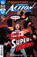 Comic book cover of Action Comics featuring Superman and a woman with text about a super-family.