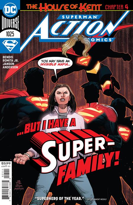 Comic book cover of Action Comics featuring Superman and a woman with text about a super-family.