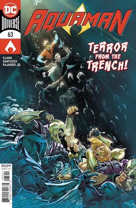 Comic book cover of Aquaman with characters in a trench, featuring the DC Universe logo.